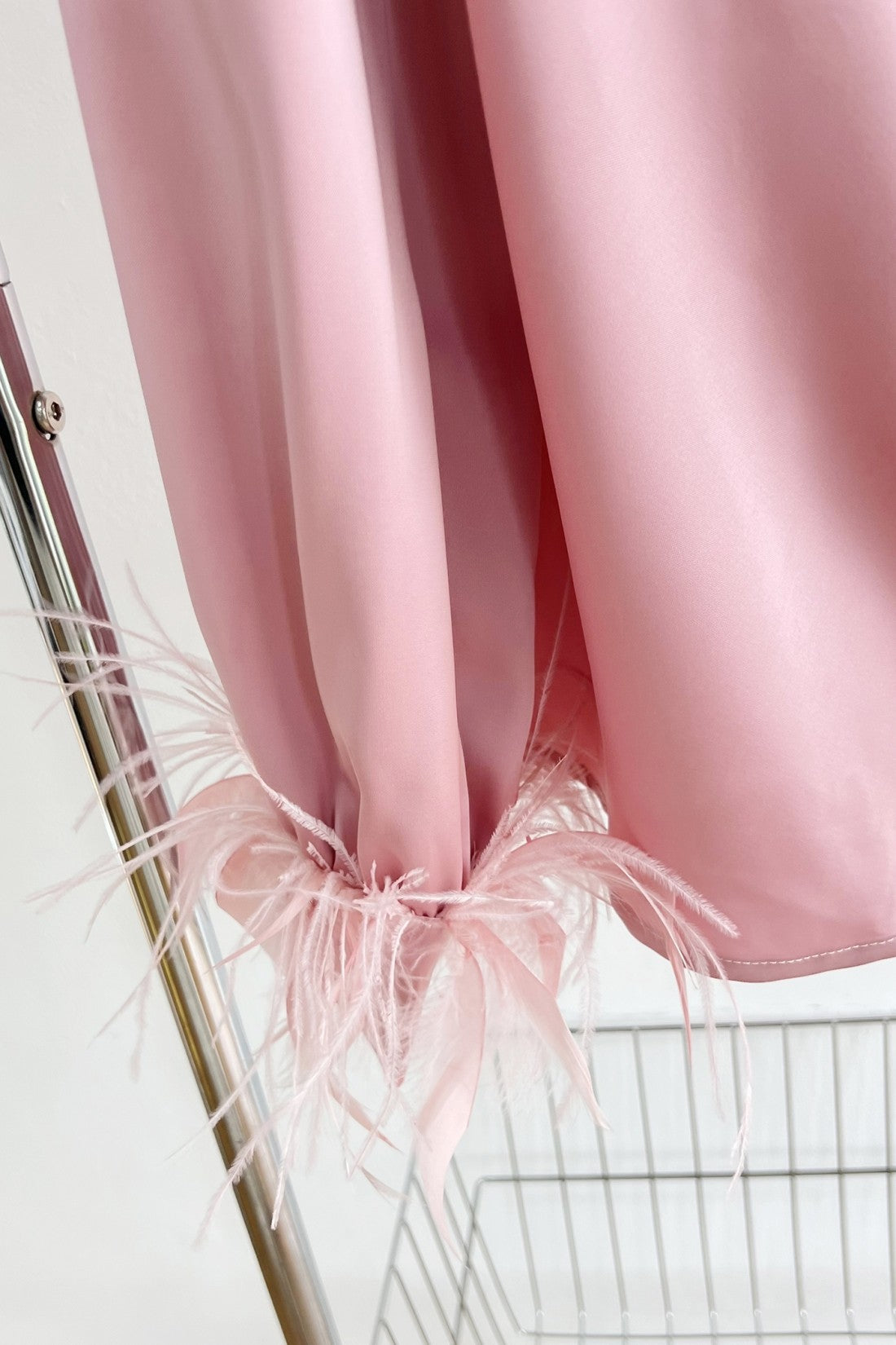 Feather Trim Draped Satin Long Sleeve Blouse