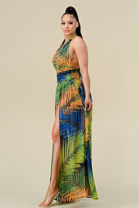 tropical palm halter maxi dress