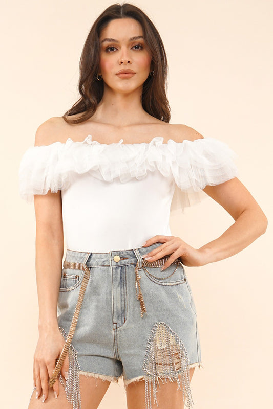 tulle ruffle off the shoulder bodysuit