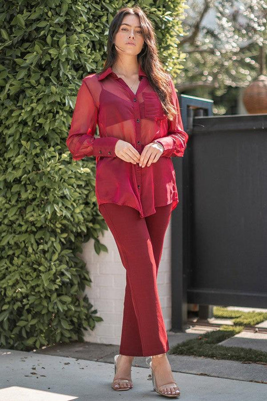 2pc long sleeve sheer button down top & pant set