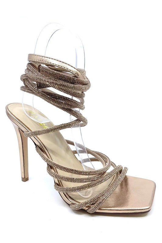 metallic rhinestone strappy stiletto high heel shoe