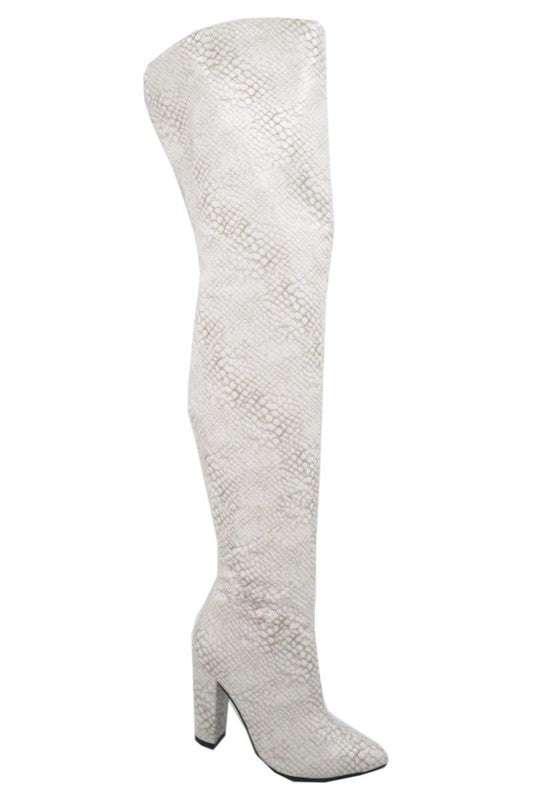 snakeskin block heel thigh high boot
