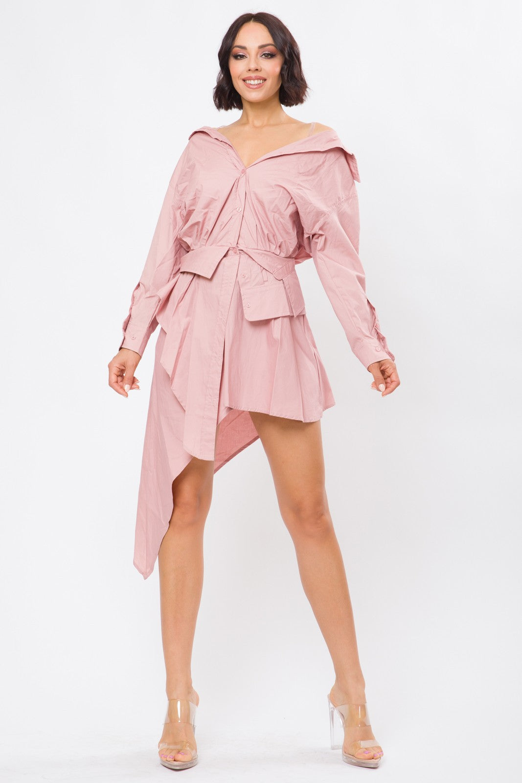 off the shoulder asymmetrical hem shirt dress Pink / Small