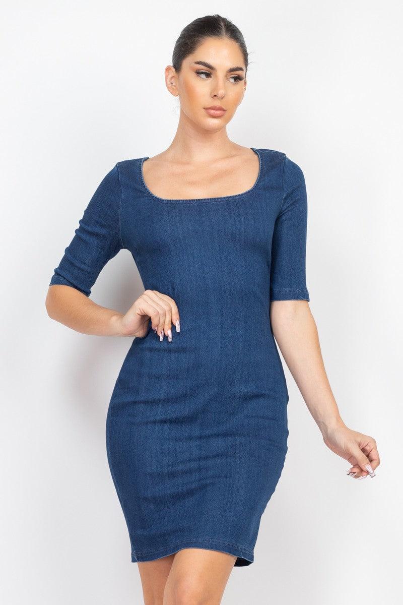 3/4 Sleeve Square Neck Denim Dress Dk Denim / Medium 3/4 Sleeve Square Neck Denim Dress Dk Denim / Medium