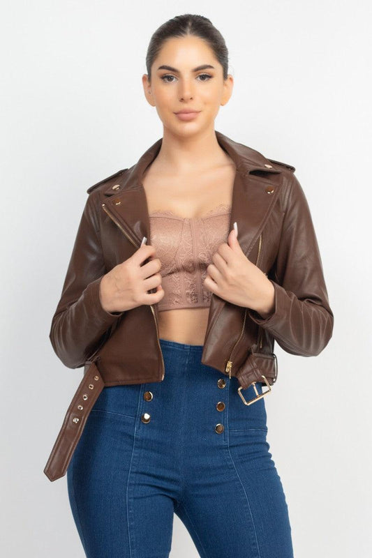 belted zip up faux leather moto jacket - tarpiniangroup