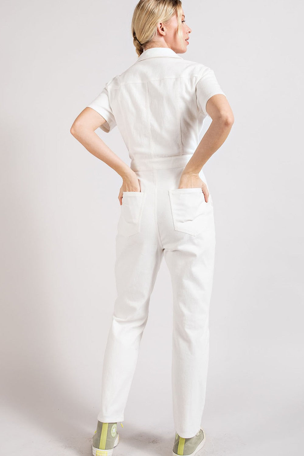 short sleeve zip front denim jumpsuit