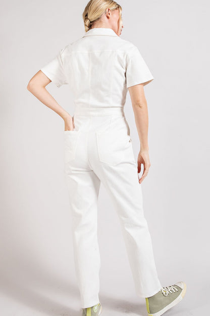 short sleeve zip front denim jumpsuit