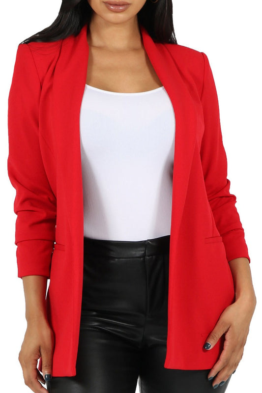 knit crepe ruched sleeve blazer