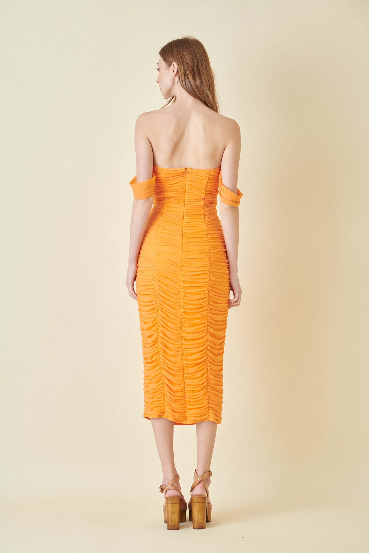 ruched mesh off the shoulder midi dress