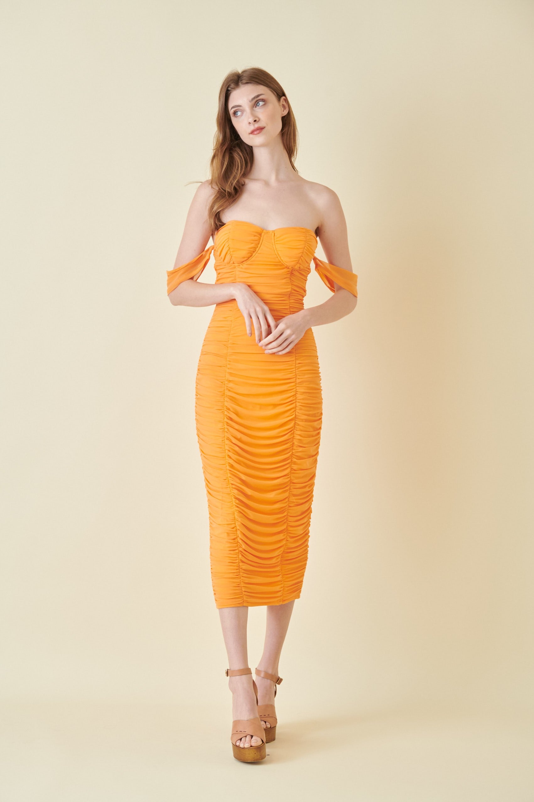 Ruched Mesh Off The Shoulder Midi Dress Orange / Large Ruched Mesh Off The Shoulder Midi Dress Orange / Large
