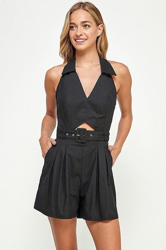Halter Neck Romper with Cut Out and Belt - tarpiniangroup