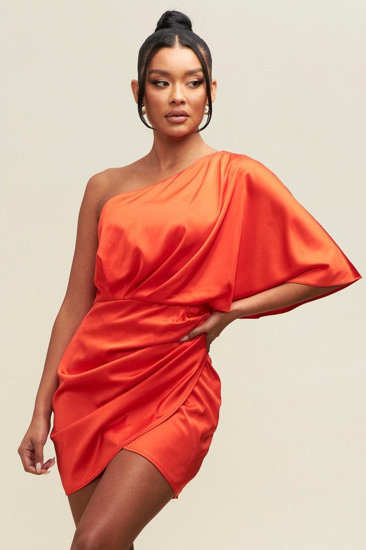 VESTIDO SATIN UN HOMBRO NARANJA