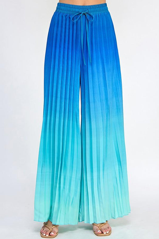 Pleated Ombre Printed Wide Leg Pants - tarpiniangroup