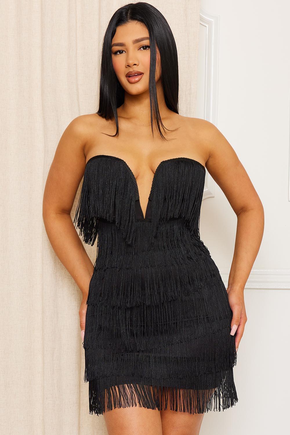 Plunge fringe clearance dress