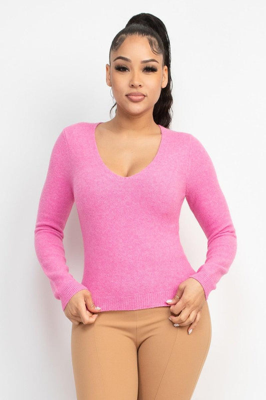long sleeve v neck ribbed sweater - RK Collections Boutique