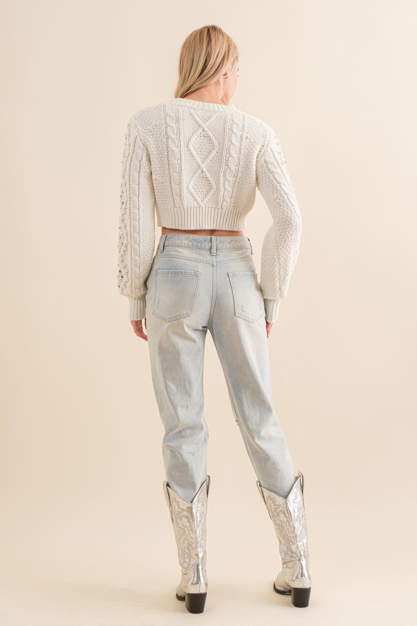 crop cable knit pearl embellished sweater