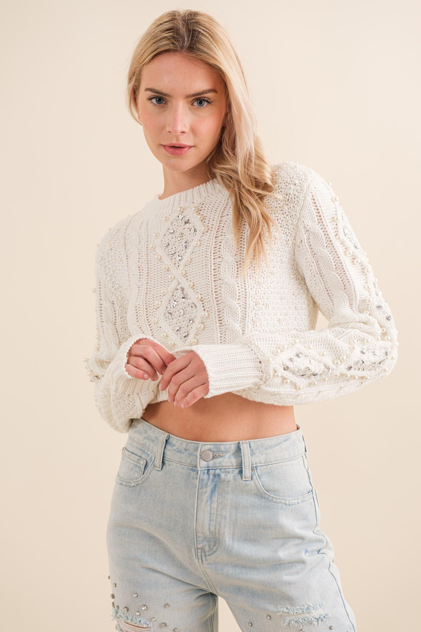 crop cable knit pearl embellished sweater