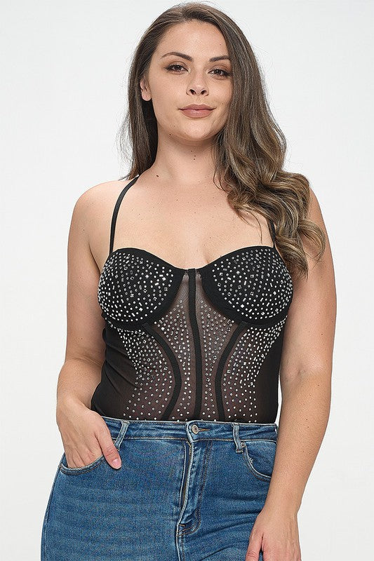 Mesh Rhinestone Detail Bustier Cami Bodysuit