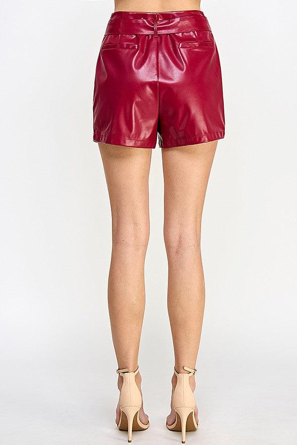 faux leather high waist belted shorts