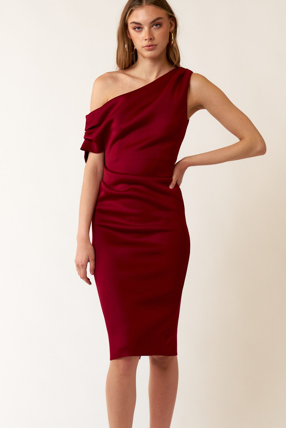 neoprene off one shoulder midi dress Burgundy / LARGE neoprene off one shoulder midi dress Burgundy / LARGE