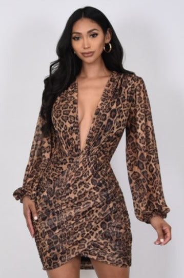 leopard mesh long sleeve deep v neck dress