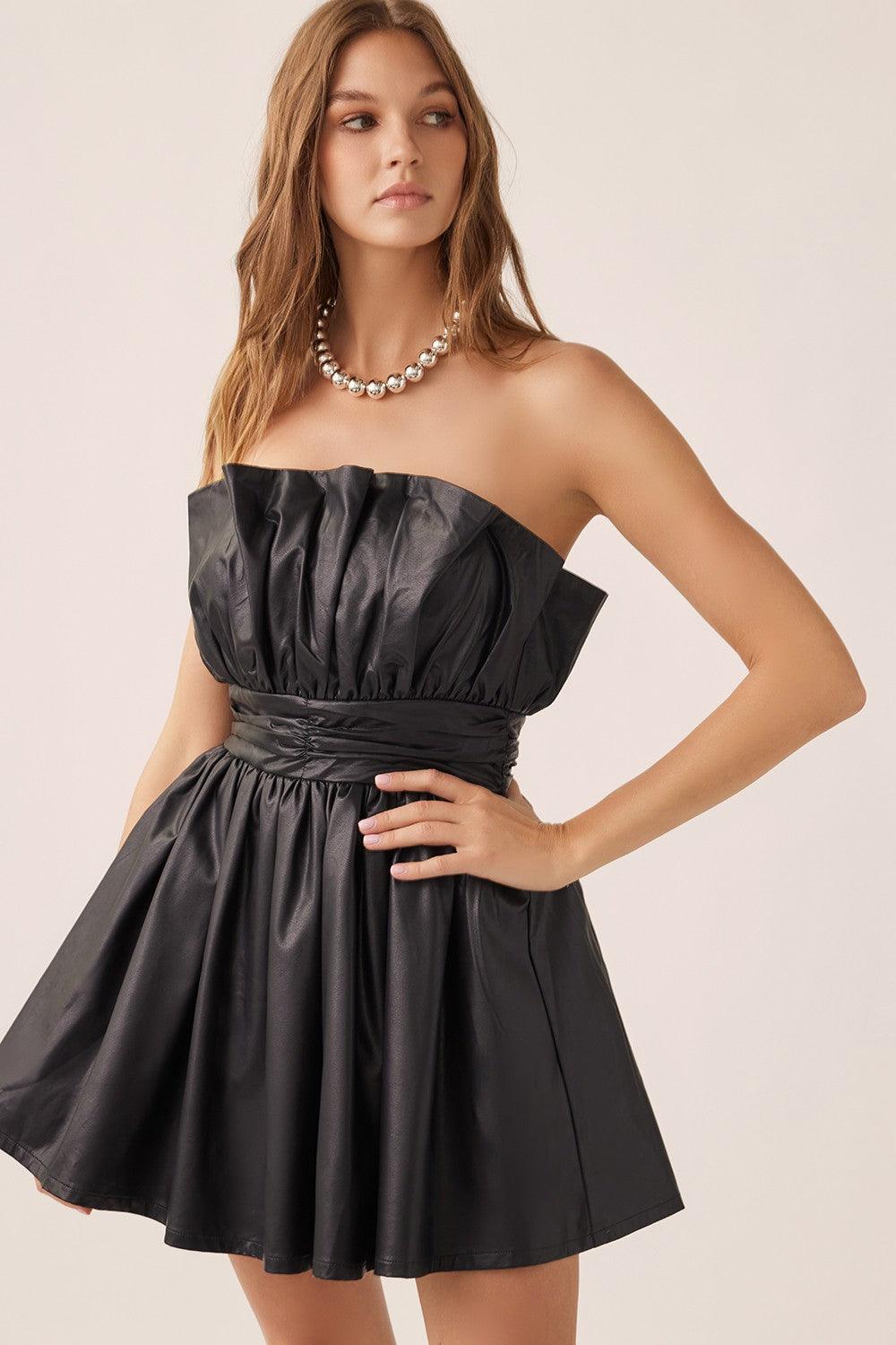 Faux Leather Strapless Fit & Flare Pleated Dress Black / Small Faux Leather Strapless Fit & Flare Pleated Dress Black / Small