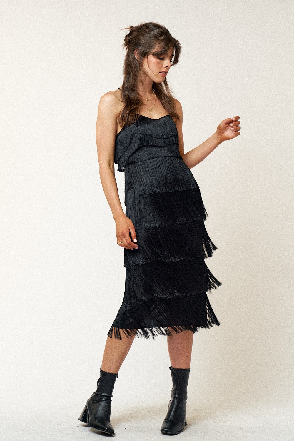 fringe midi dress tiered fringe midi dress Black / LARGE