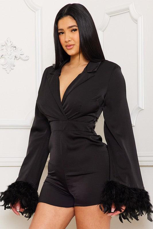 feather trim bell sleeve romper Black / LARGE feather trim bell sleeve romper Black / LARGE