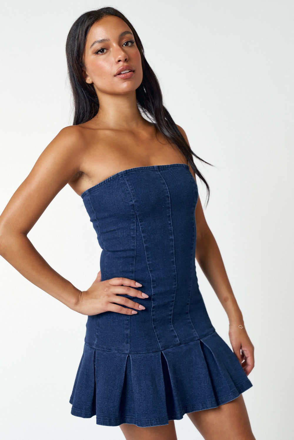 pleated hem strapless denim dress Dark Wash / MEDIUM pleated hem strapless denim dress Dark Wash / MEDIUM