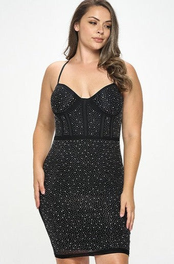 Plus Rhinestone Embellished Bodycon Dress Black / 1XL