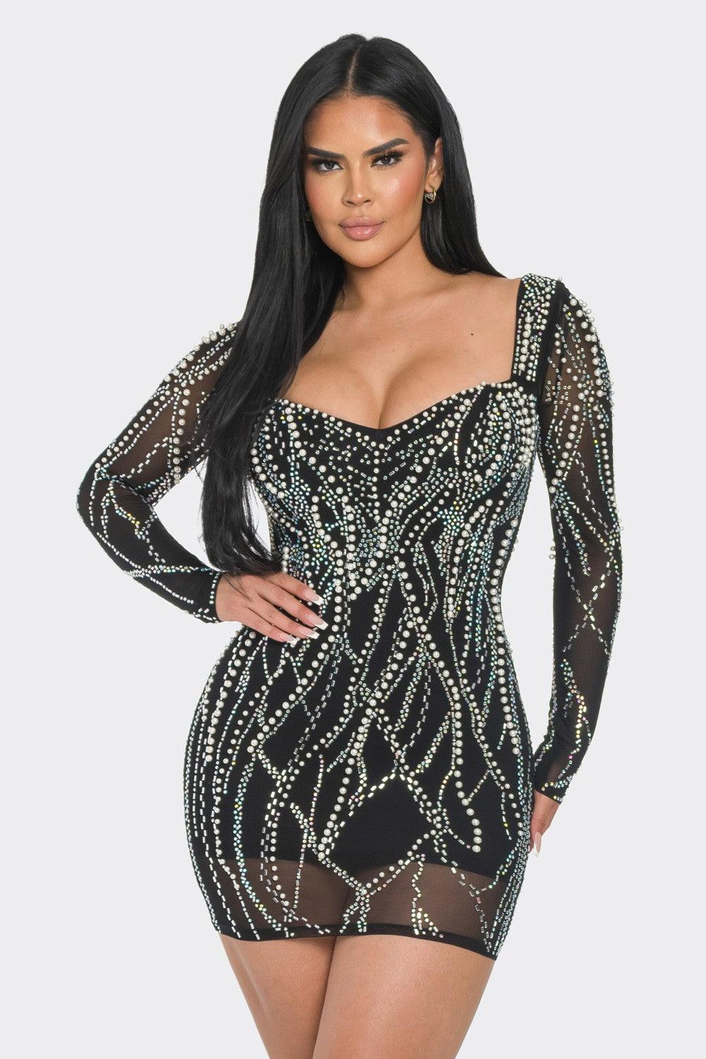 sheer long sleeve rhinestone & pearl mini dress Black / LARGE sheer long sleeve rhinestone & pearl mini dress Black / LARGE
