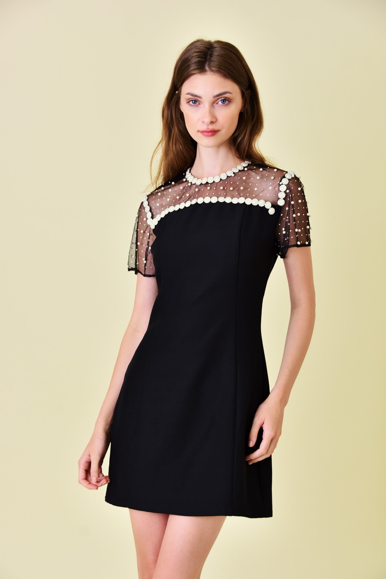pearl studded contrast sheer short sleeve dress Black / Large pearl studded contrast sheer short sleeve dress Black / Large