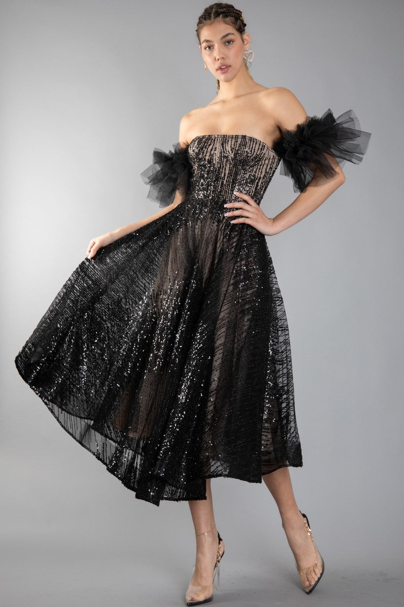 Tulle Sleeve Off The Shoulder Sequin Fit & Flare Midi Dress Black / Large