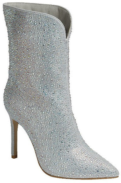 rhinestone studded pointed toe stiletto bootie