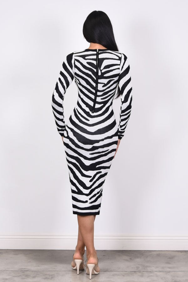 long sleeve zebra print knit midi dress
