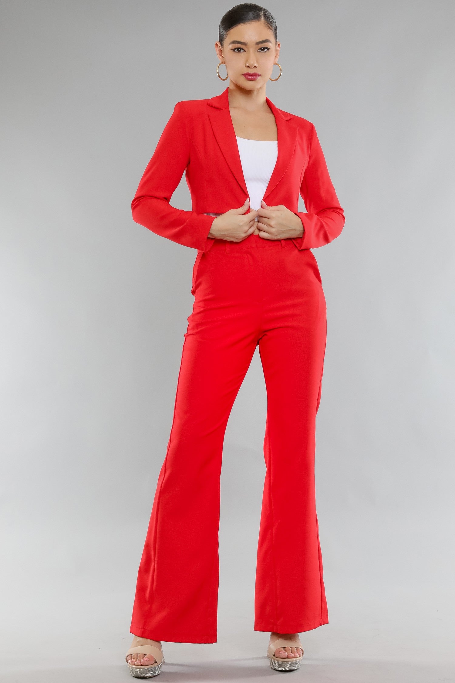 Red Formal Two Piece Suit, Blazer Trousers Set, Bell Bottoms for