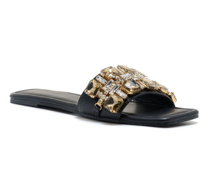 patent leather rhinestone jeweled slide flat sandal