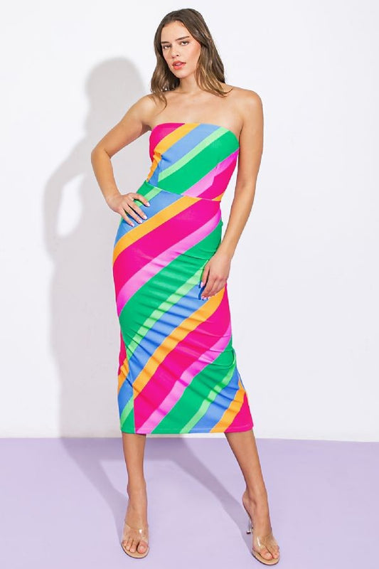 strapless diagonal stripe midi dress
