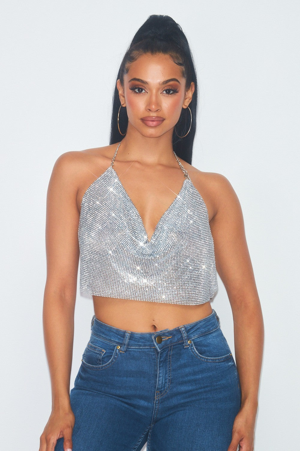 When the Party Calls Gold Rhinestone Chainmail Crop Top