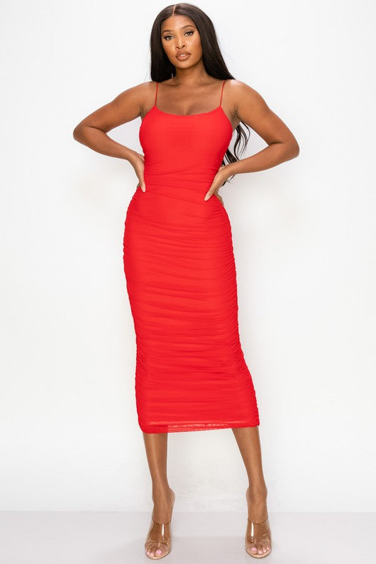 ruched sleeveless midi dress