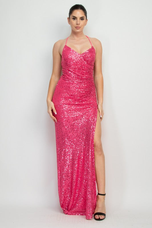 Sequin Split Leg Maxi Dress Pink / LARGE Sequin Split Leg Maxi Dress Pink / LARGE
