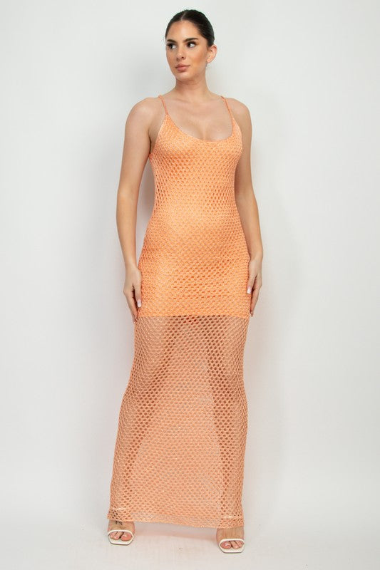 Knit Sequin Fish Net Scoop Maxi Dress Orange/Rose Gold / SMALL Knit Sequin Fish Net Scoop Maxi Dress Orange/Rose Gold / SMALL