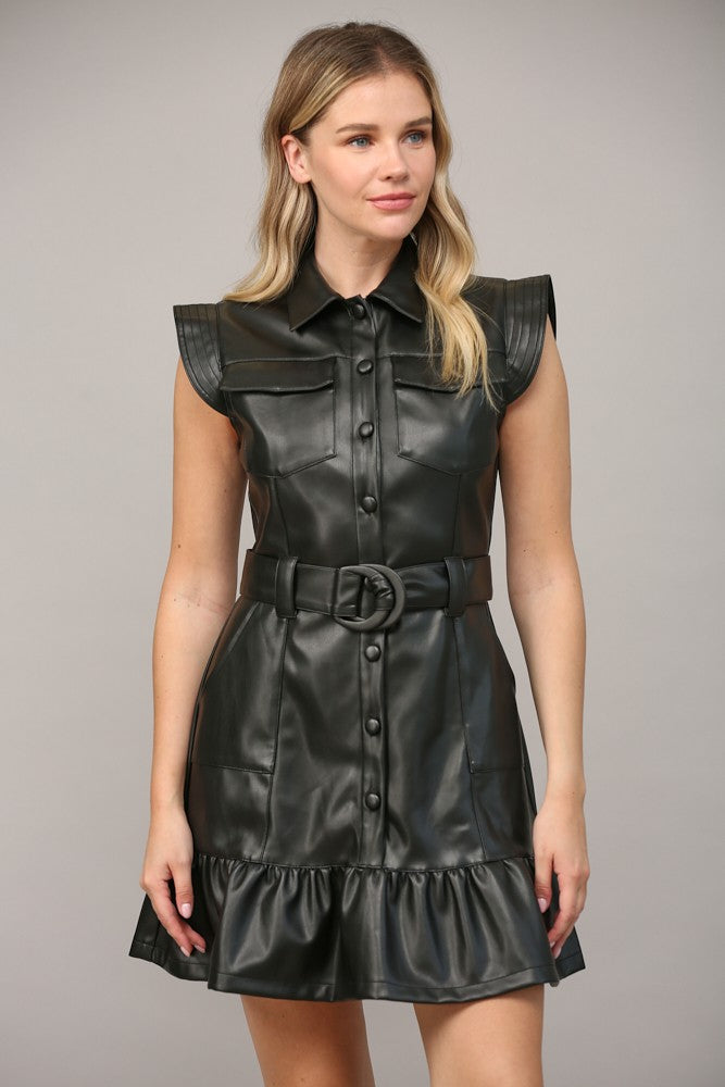 faux leather ruffle button down belted dress Black / Small faux leather ruffle button down belted dress Black / Small