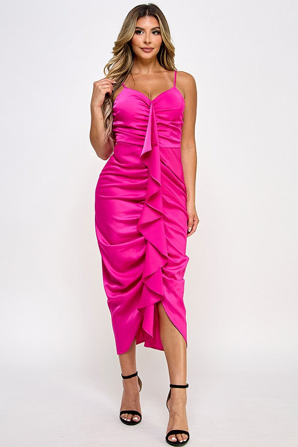 Satin Ruffle Cami Midi Dress Pink / Large Satin Ruffle Cami Midi Dress Pink / Large