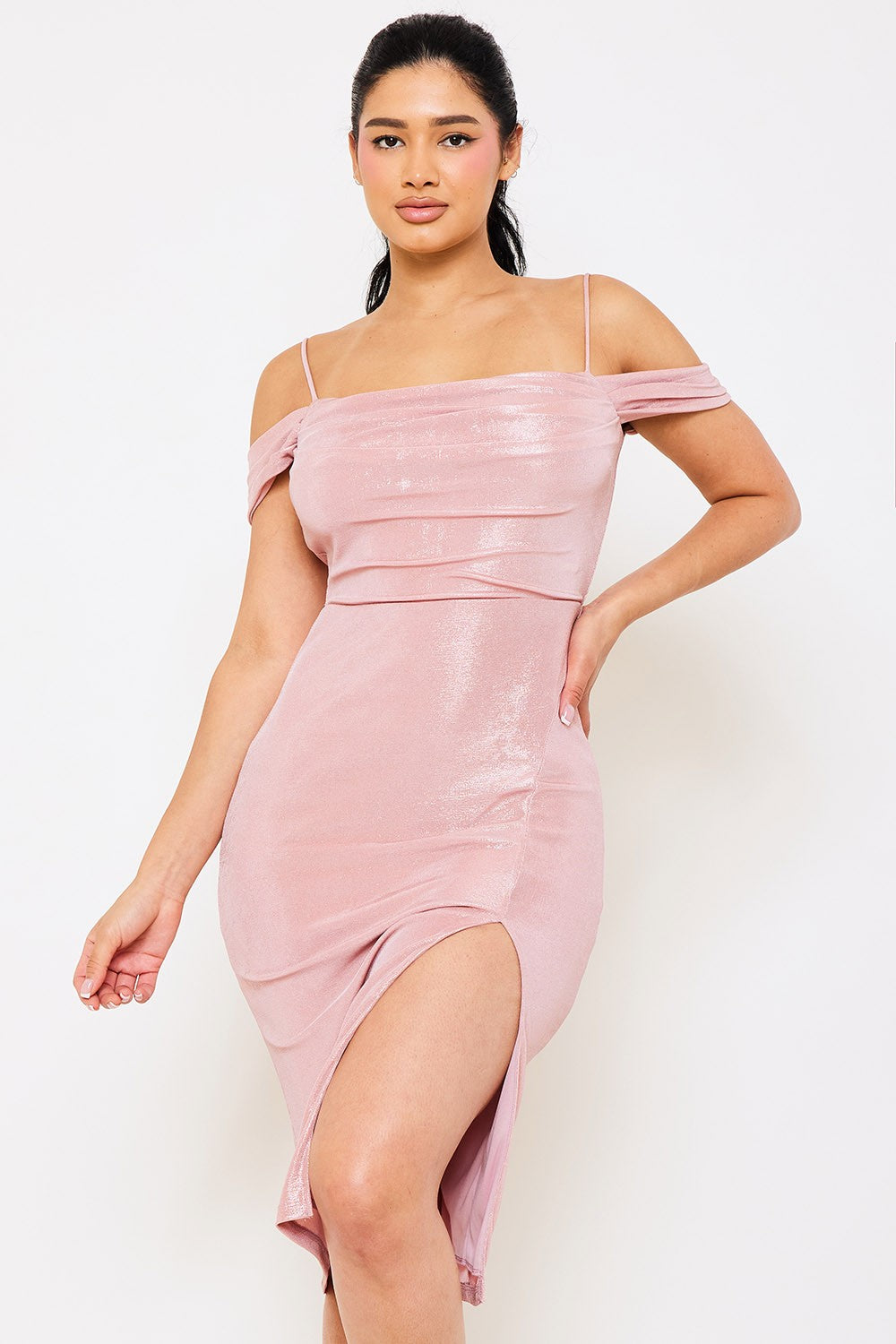 Shimmer Satin Off The Shoulder Midi Dress Pink / Large Shimmer Satin Off The Shoulder Midi Dress Pink / Large