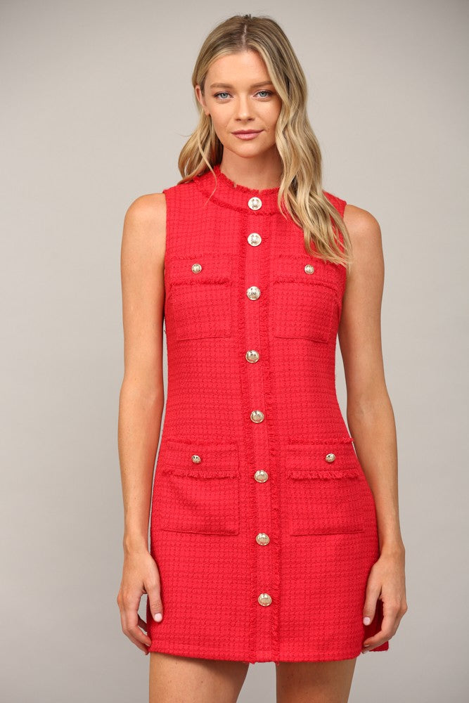 Red Tweed Front Patch Pocket Gold Button Sleeveless Dress Large Red Tweed Front Patch Pocket Gold Button Sleeveless Dress Large