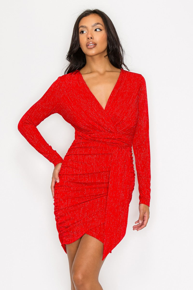 Glitter Overlapping Long Sleeve Mini Dress Red / Small Glitter Overlapping Long Sleeve Mini Dress Red / Small