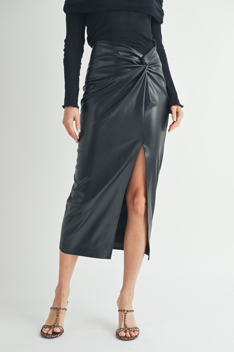 Women's Twist Waist Faux Leather Midi Skirt - Aiblee M Women's Twist Waist Faux Leather Midi Skirt - Aiblee M