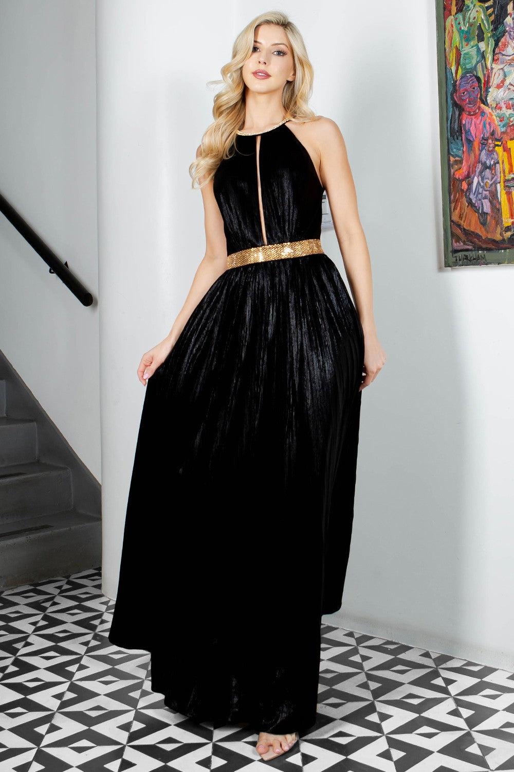 metallic open back jeweled trim maxi dress Black / Medium