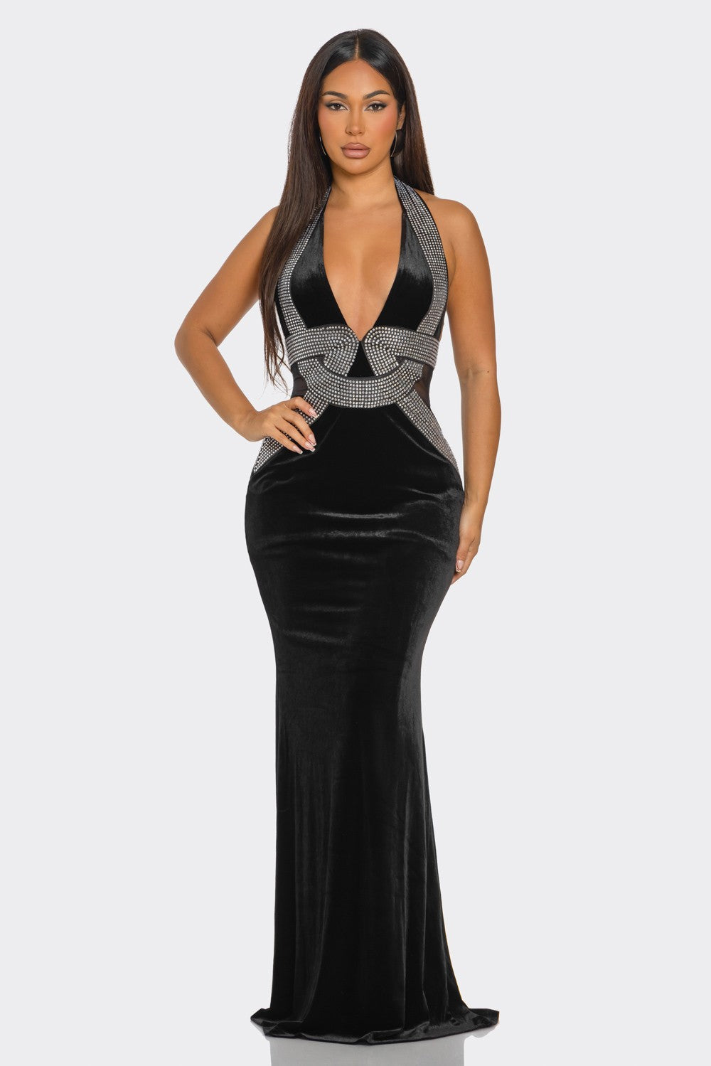 Nelle Rhinestone Embellished V-Shaped Neckline Maxi Dress Black / Small Nelle Rhinestone Embellished V-Shaped Neckline Maxi Dress Black / Small